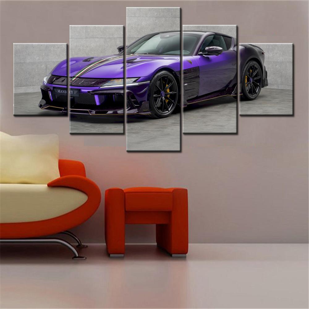 Canvas Painting 5 Pieces Wall Arts Purple Sports Car Stylish Dynamism Home Decor Wallpaper Poster Painting For Living Room