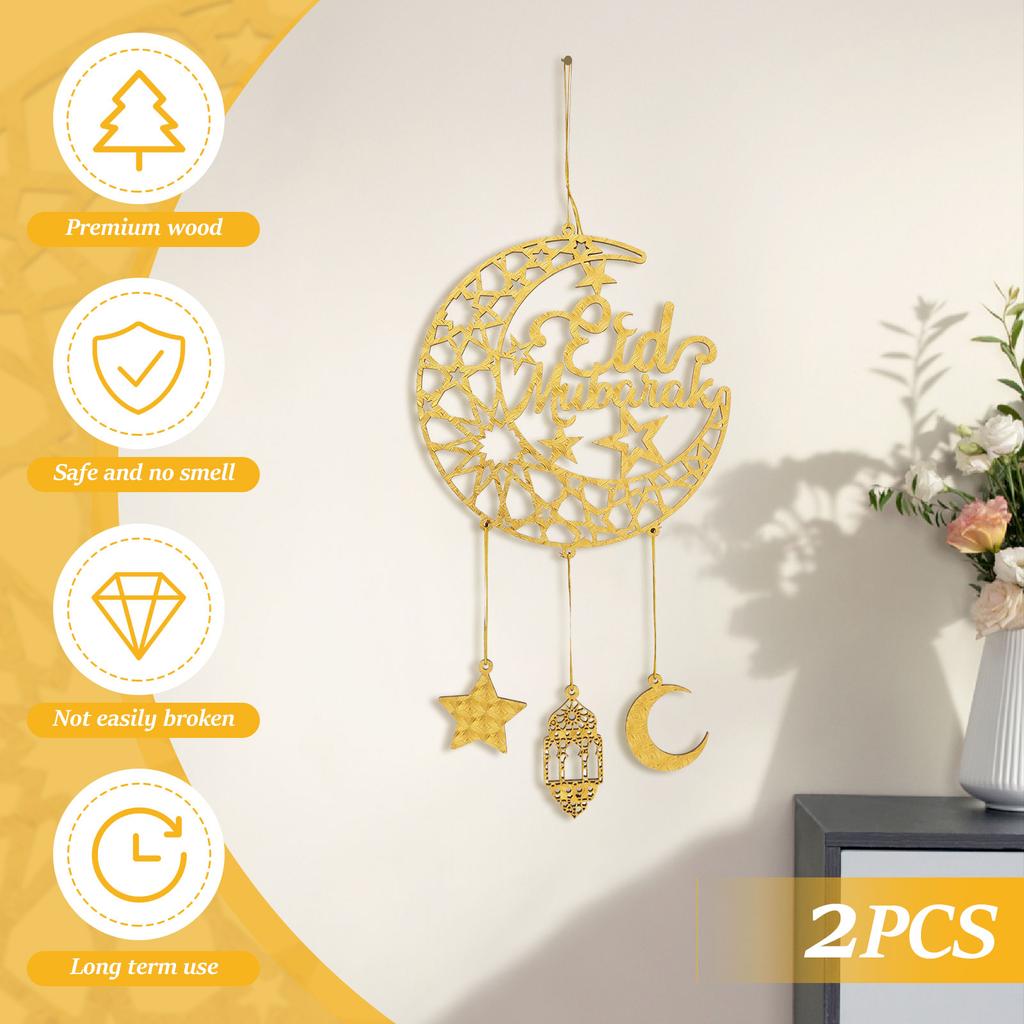 2Pcs Wooden Gold Tone Hollow Star Moon Door Sign for Banquet Theme Party Classic Moon Hanging Decorations With Rope