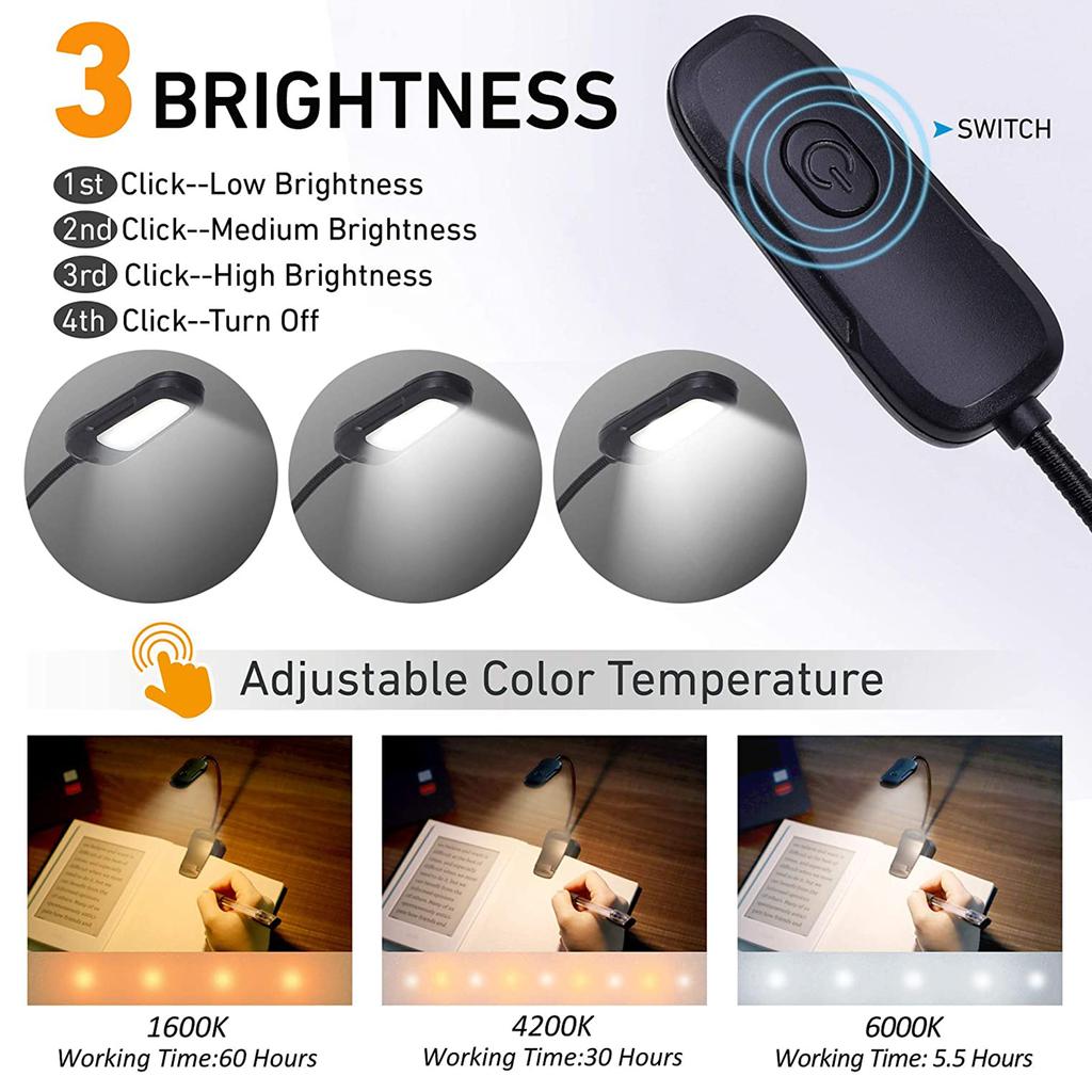 Reading Lights for Books In Bed Portable Clip On LED USB Rechargeable Lamp Eye Protection In 3 Colors & 3 Brightness