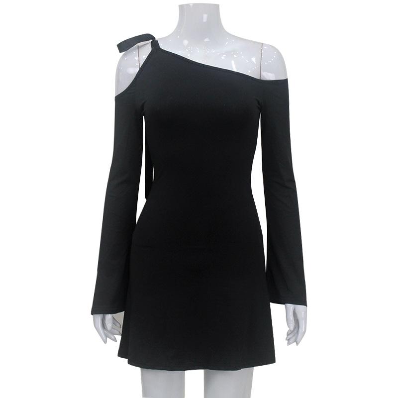 

Женское платье Pure Style с косым вырезом, открытыми плечами, рукавами-трубами, на шнуровке, облегающее, модное, сексуальное, элегантное, короткое платье L чёрный