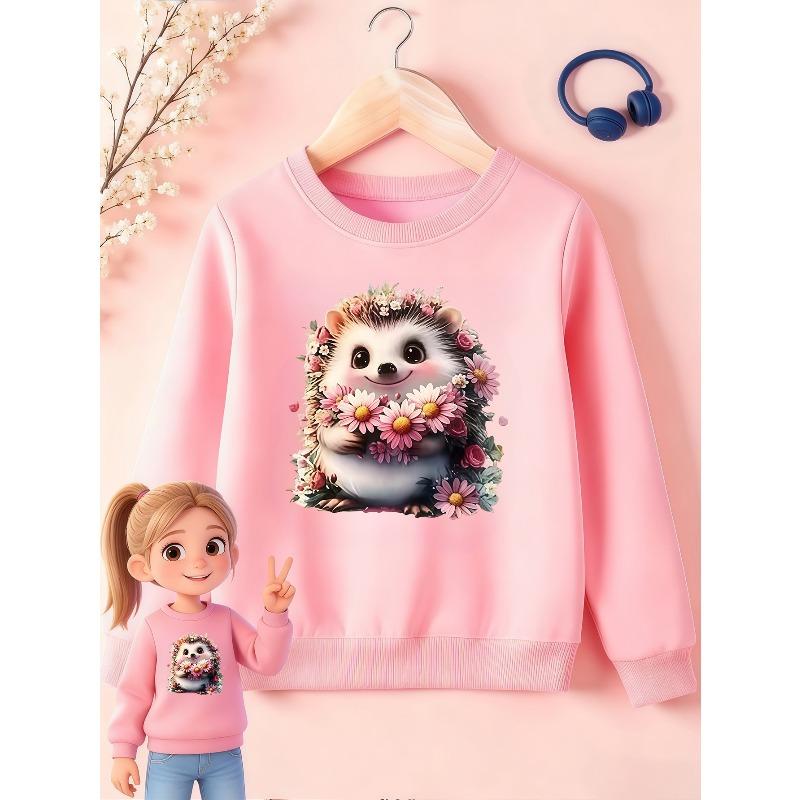 Kids Sweatshirt, Round Neck Sweatshirt, Cute Hedgehog Floral Pattern Design, Pink-White Gradient Flower Surround, Soft And Sweet Daily Outfit