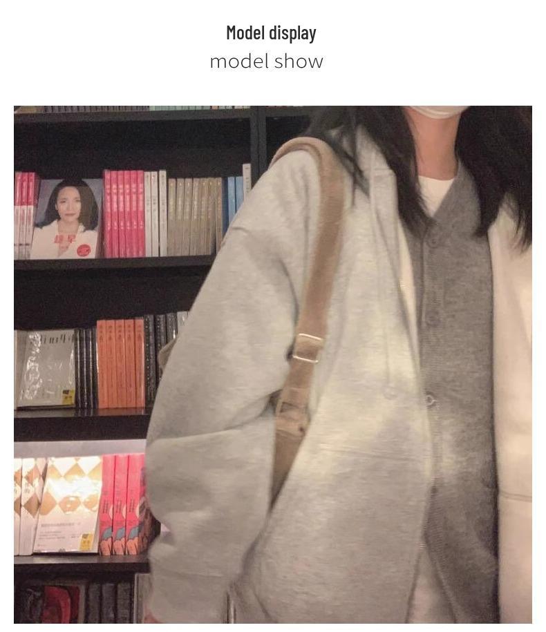 Women's Grey Hooded Fleece Sweatshirt - Slimming Thick Zip-Up Cardigan for Autumn/Winter 2025