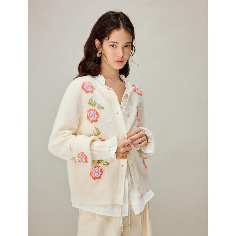 INMAN Women's Retro Floral Jacquard Knit Cardigan