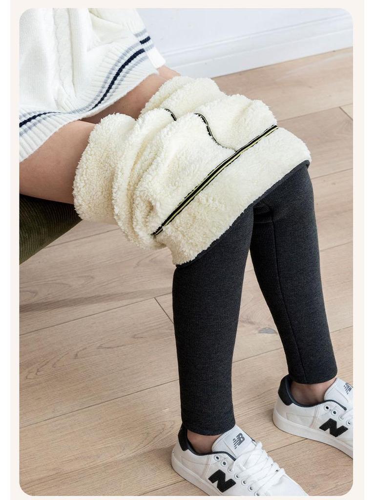 Women's High Waist Fleece-Lined Ribbed Leggings - Warm, Comfortable, Cotton, for Autumn and Winter Wear, Nine-Point Length.