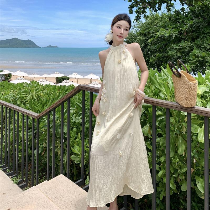 Summer New Elegant Flower Neck Pleated A-Line Loose Dress