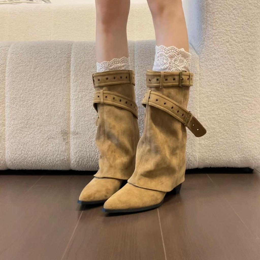 Maillard Babes Pants Boots Women's New Vintage Belt Buckle Pointed Suede Western Boots