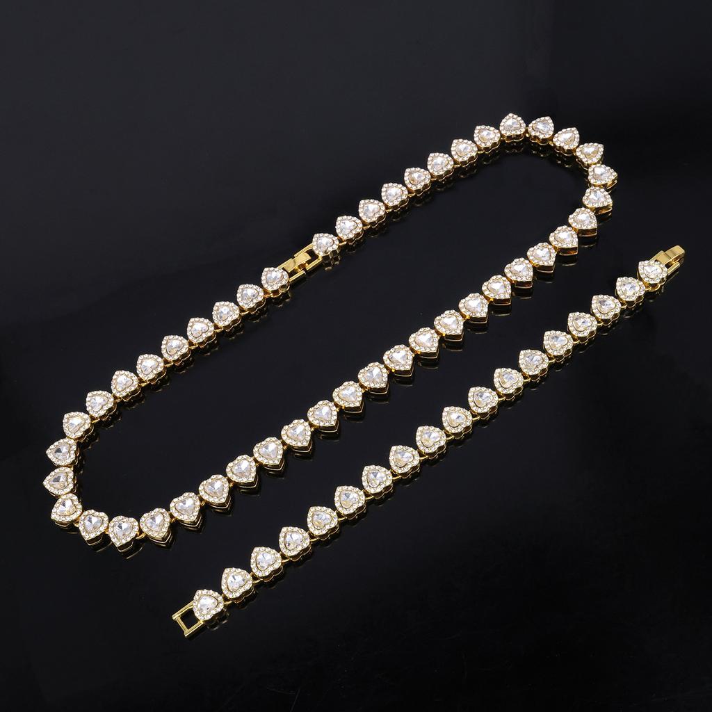 45cm Neue Hip Hop Tennis Kette Armband Halskette Glänzendes Herz Strassstein Cz Mode Rock Party Schmuck Set