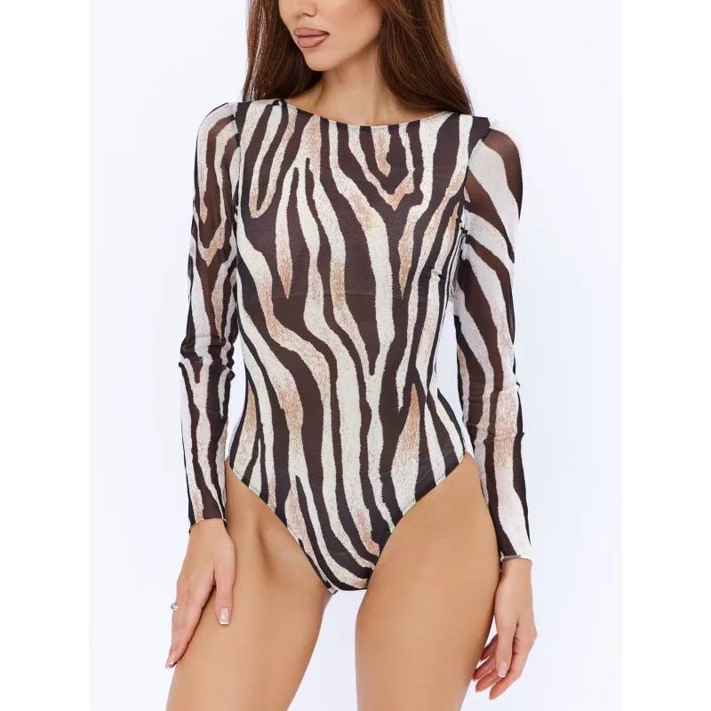 

New Fashion European and American Printed Long-sleeved Mesh One-piece Swimsuit XXL