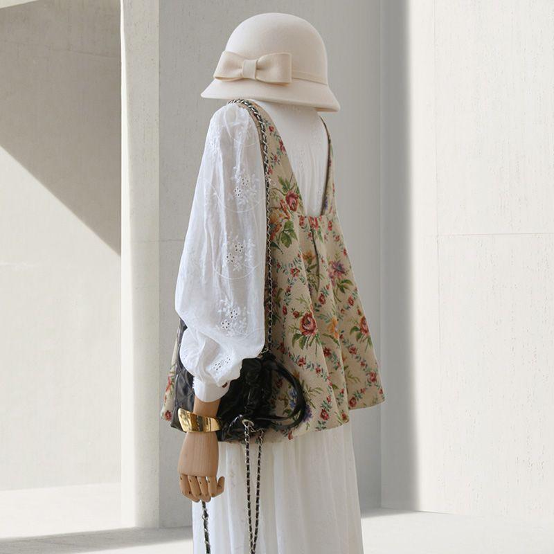 

4u4u Floral Vest + Dress Two-piece Set Women s Autumn New Arrival French Sweet Younger Slim-Fit Skirt Suit Vest + Dress S