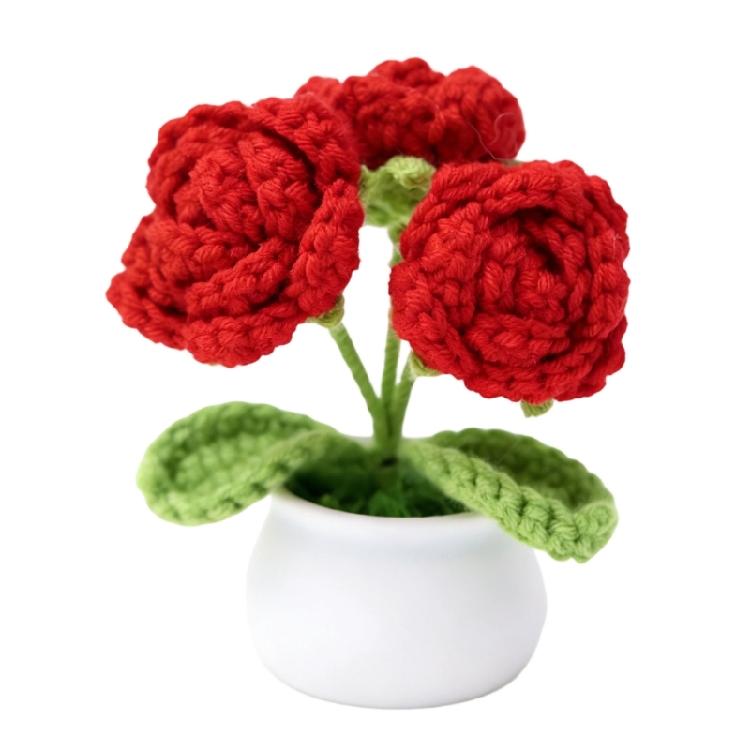 

Knitting Crochet Rose Flowers Potted Plant Colorful Flowers Handmade Flowers for Home Office Car Decors Valentine Gift 1
