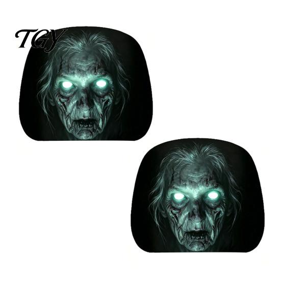 Funny Prank Car Accessories 2Pcs Ghost Face Headrest Covers, Halloween Horror Seat Decorations, Holiday Atmosphere Decor Universal Fit