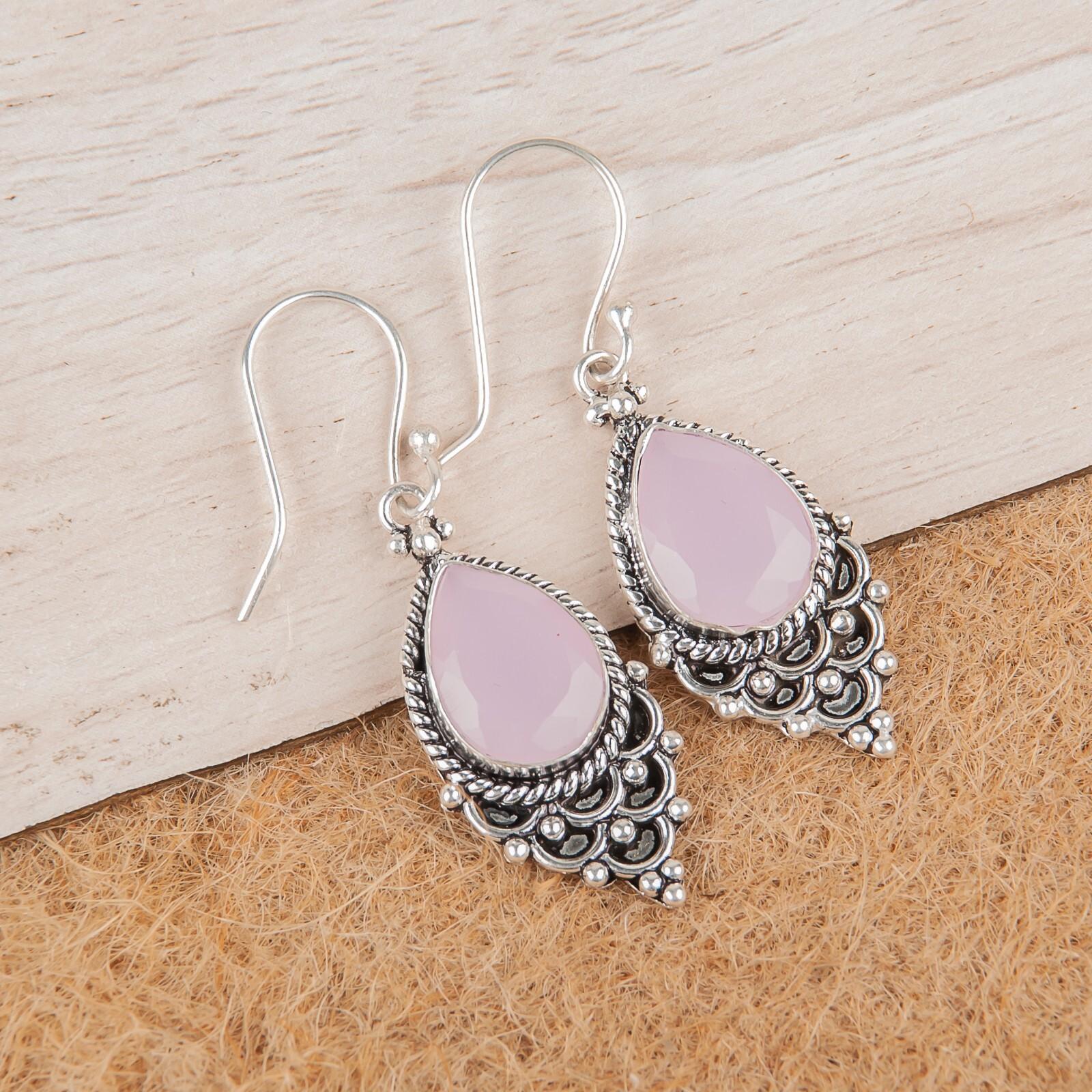 

Rose Chalcedony Gemstone 925 Sterling Silver Jewelry Handmade Hook Earrings 1.9 EE-85-15