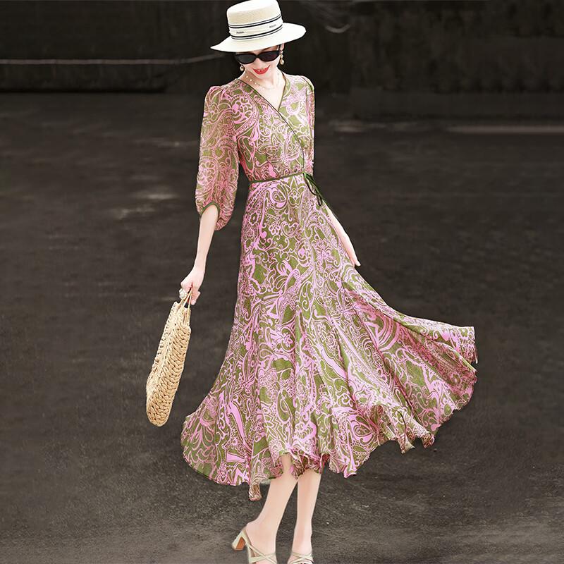 Elegant French Retro Print Midi Dress XXL