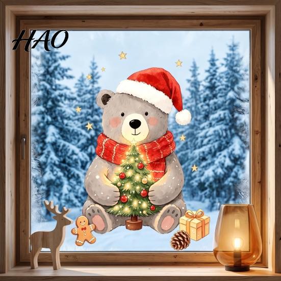 Holiday Glass Decals for Windows Christmas Bear Static Window Clings, Cute Decals, Waterproof PVC Durable Winter Stickers Home Store Doors And
