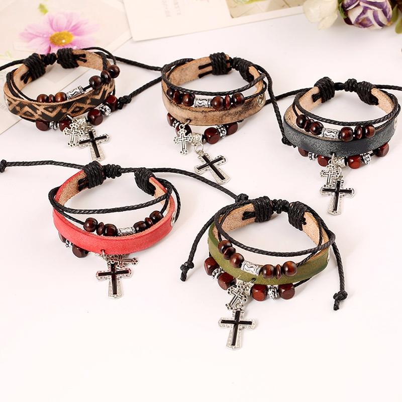 Beaded cross leather bracelet real leather bracelet punk style