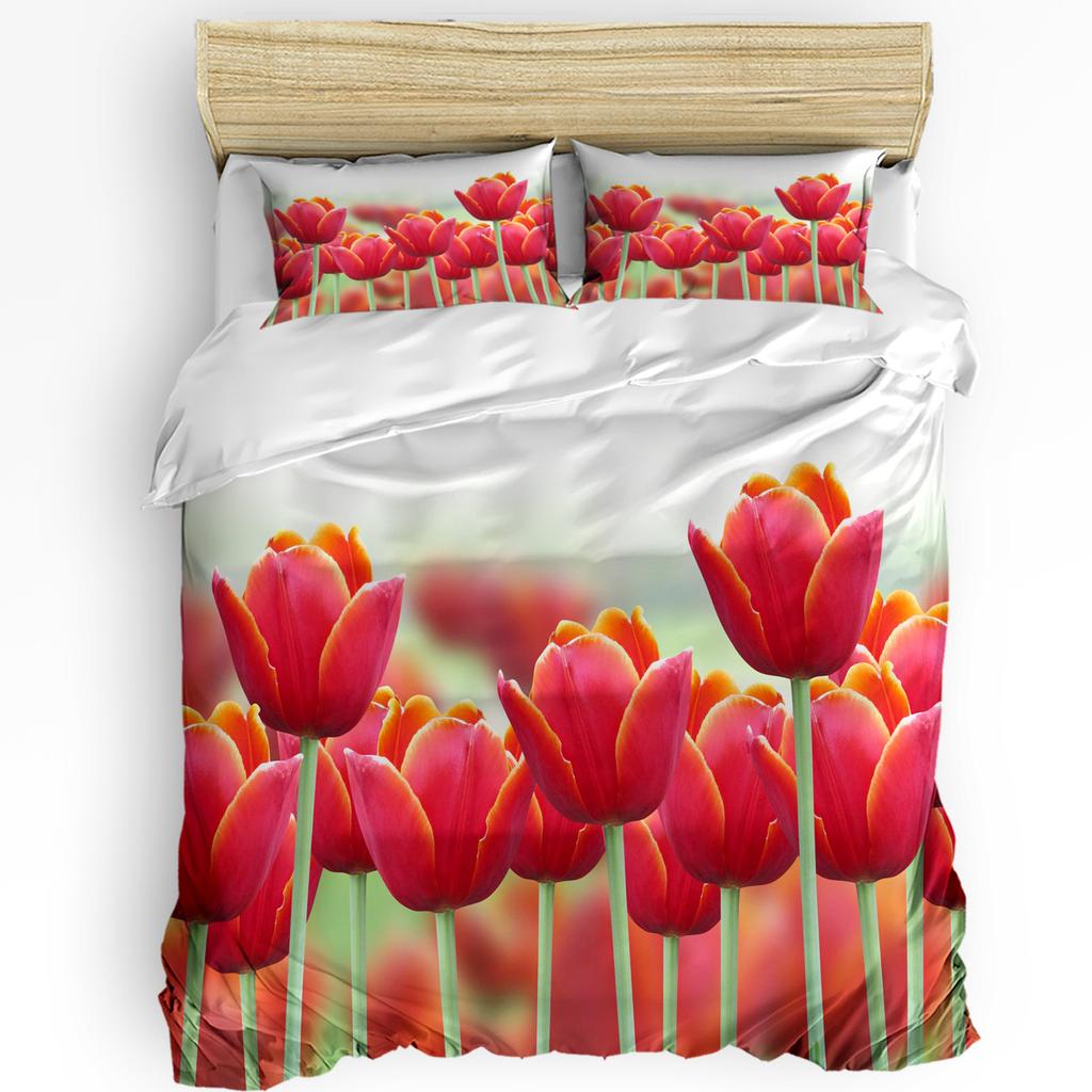 Flowers Red Bouquet Tulips Duvet Cover Bed Bedding Set Home Textile Quilt Cover Pillowcases Bedroom Double Bedding Set No Sheet