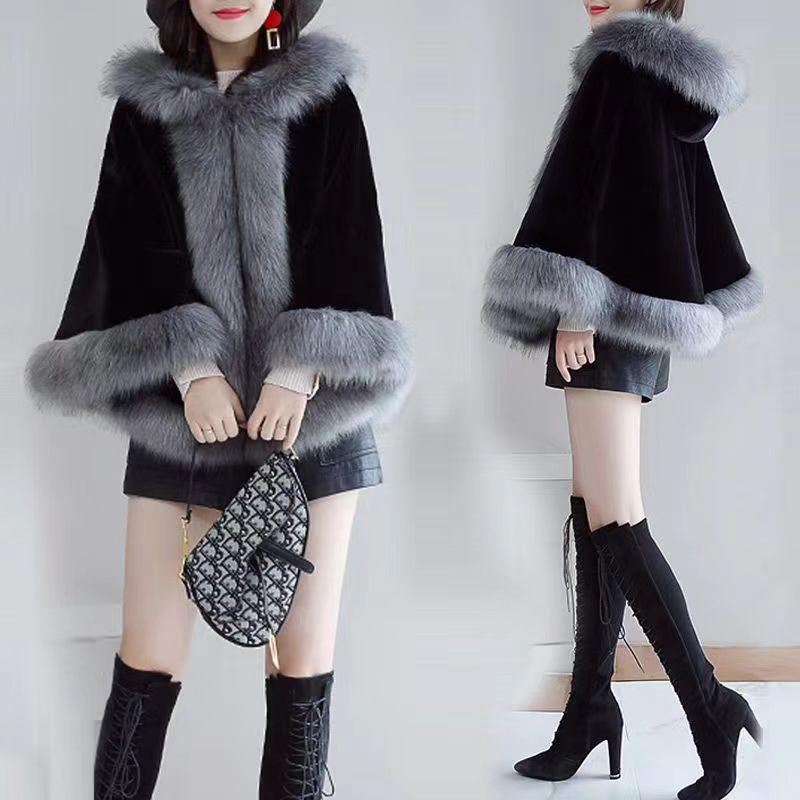 New hooded cape cape winter shawl coat imitation fur coat women's medium and long imitation fur