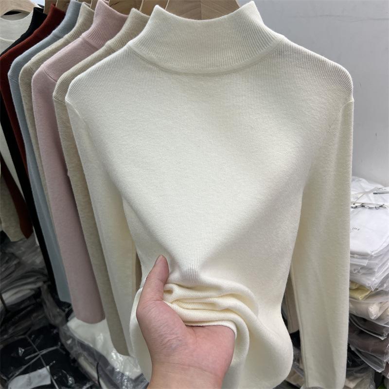 Chic semi-turtleneck Angolan red bottomed shirt for women's autumn and winter slim-fit and warm inside with knitted sweater top