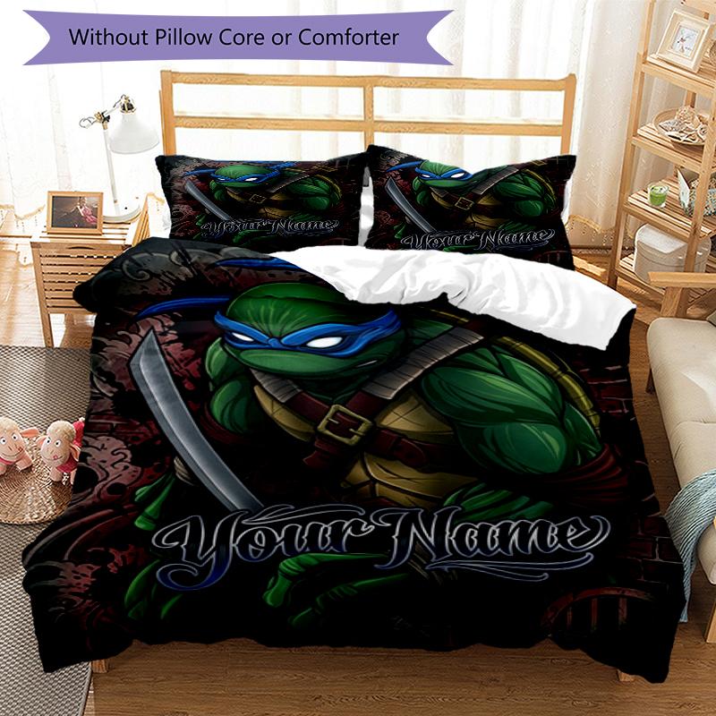 3pcs Custom Name Turtle Power Printed Bedding Set Duvet Cover Closure Includes 1 Duvet Cover & 2 Pillowcases, Soft and Comfortable for All Seasons.
