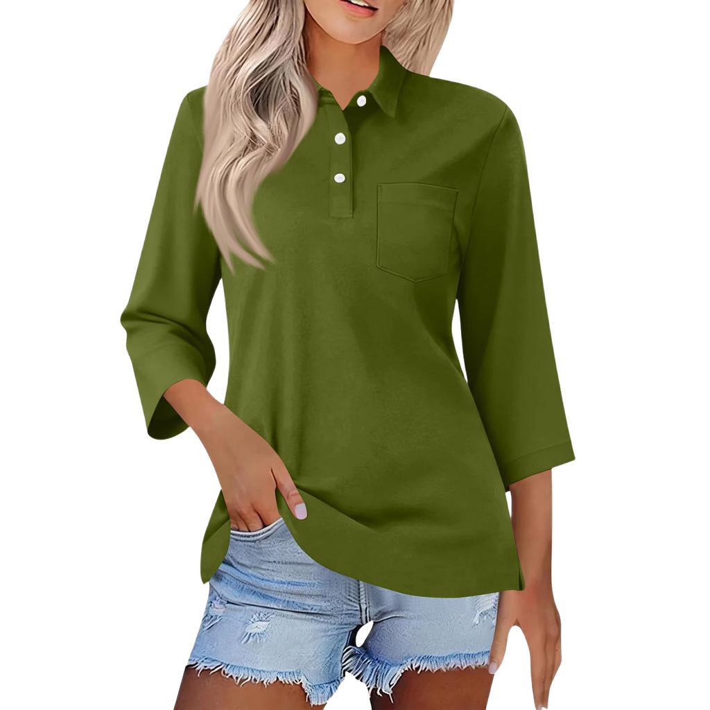 Damen Mode Lässig Revers Kurz 3/4 Ärmel Farbe Hemd Damen Knopfleiste Oberteile