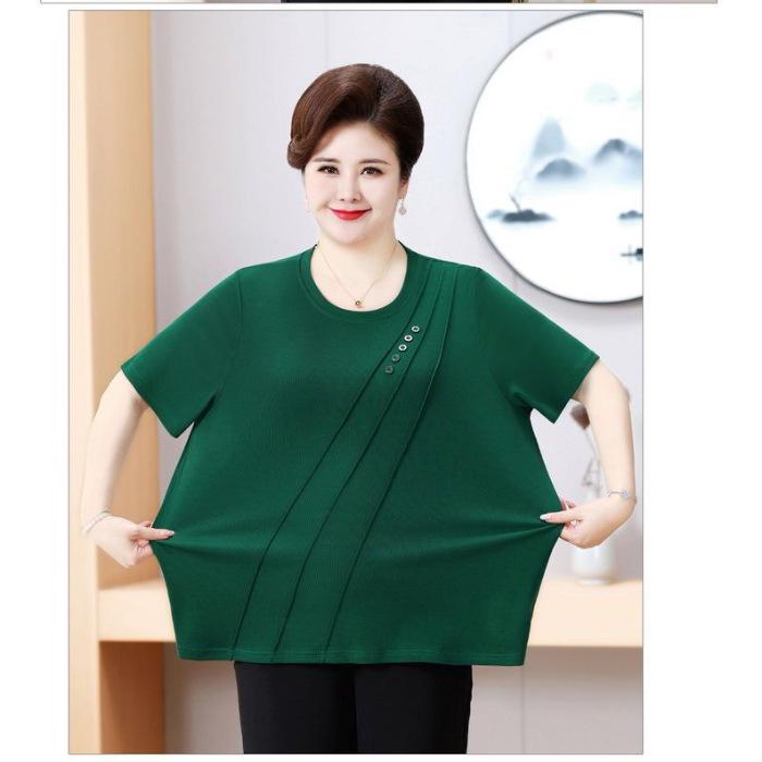 T-shirt Estiva Ricamata a Maniche Corte per Donne Taglie Forti di Mezza Età e Anziane - Vestibilità Larga, Design Snellente