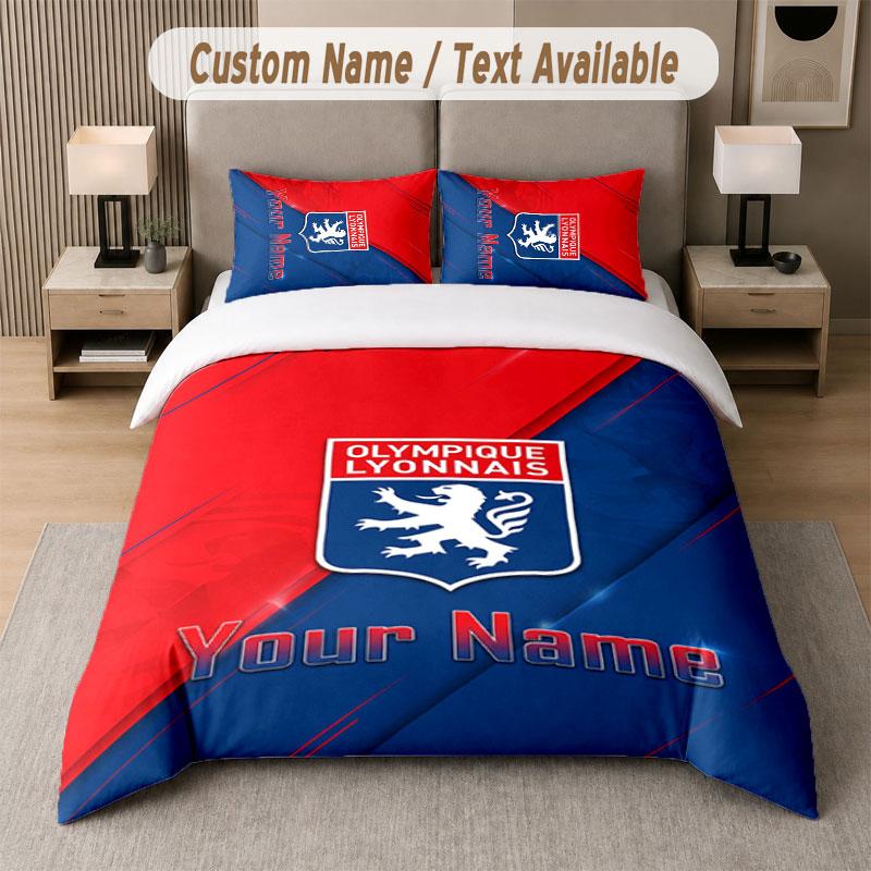 Custom Bedding Set Lyon FC Pattern, Print Name Text 1 Duvet Cover plus 2 Pillowcases Home Textile