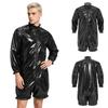 Front Zipper Mock Neck Long Sleeve Ruffled Bodysuit for Men Waterproof Vinyl Swimwear Clubwear Diaper Cover Short Bottoms