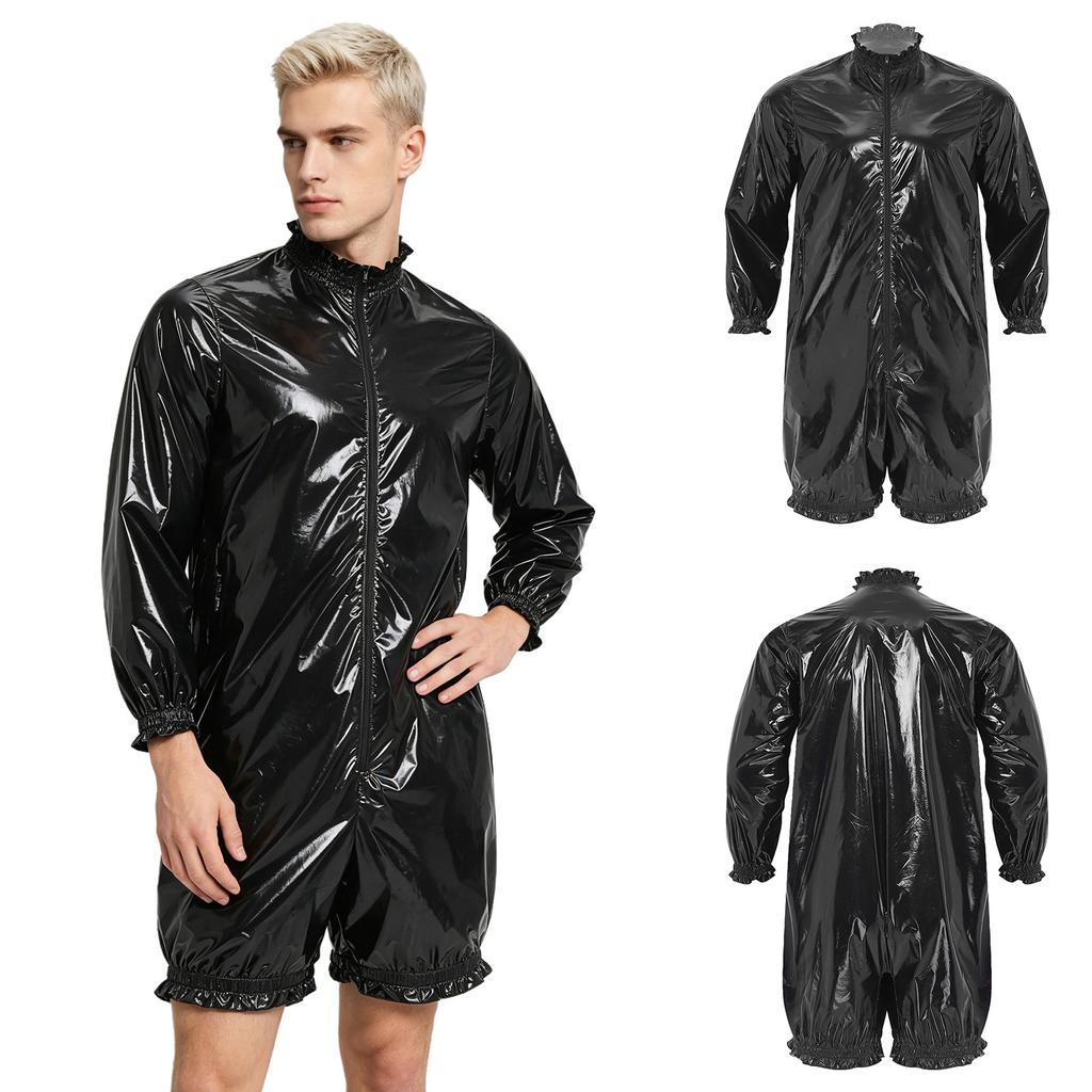 Front Zipper Mock Neck Long Sleeve Ruffled Bodysuit for Men Waterproof Vinyl Swimwear Clubwear Diaper Cover Short Bottoms