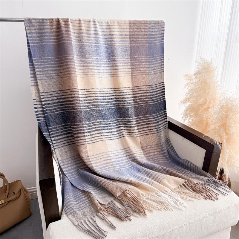 Simple Korean Style Plaid Women Scarf Imitation Cashmere Shawl Winter Thick Warm Neckerchief Echarpe Wrap Designer Lady