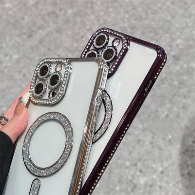 Funda de carga inalámbrica magnética con borde de diamante de lujo para iPhone 15 14 13 12 11 Pro Max cubierta de protección contra caídas todo incluido