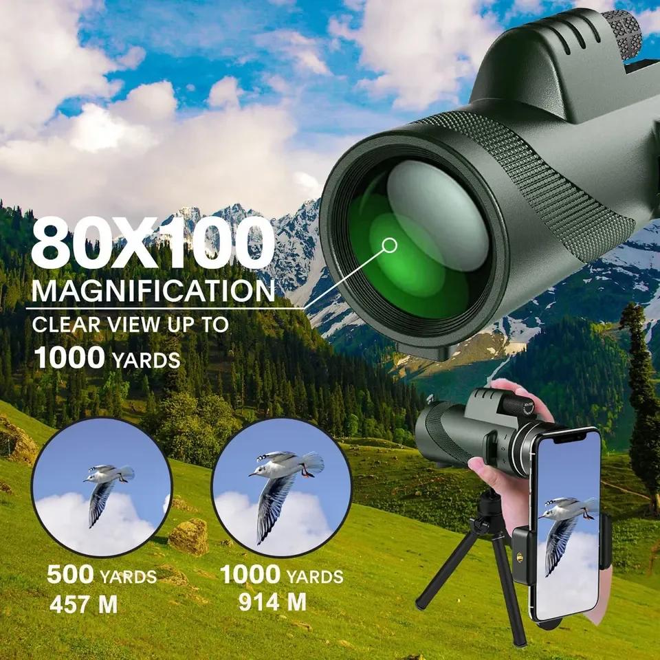 Hd Monocular Telescope 80X100 Long Range Zoom Bak4 Prism Telescope with Tripod Phone Clip Hunting Camping Bird Watching Hiking
