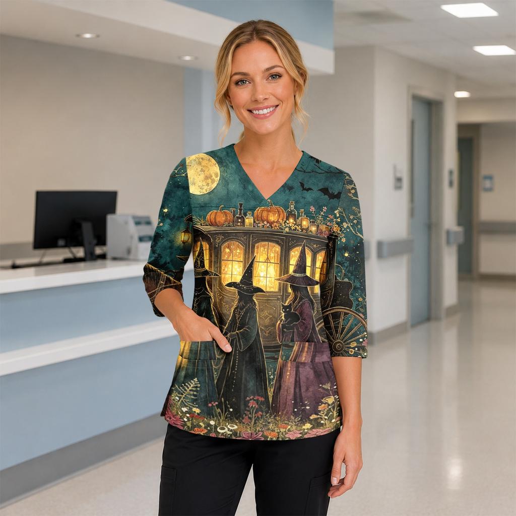 Women's Halloween Costume Top V-Neck Pockets Side Slit Three-Quarter Sleeves
