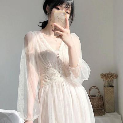 Dress Women Spring Plus Size Dress Elegant A-Line Vestidos Solid Puff Sleeve Empire V-Neck Ladies Lace Dress Mesh 8126 50