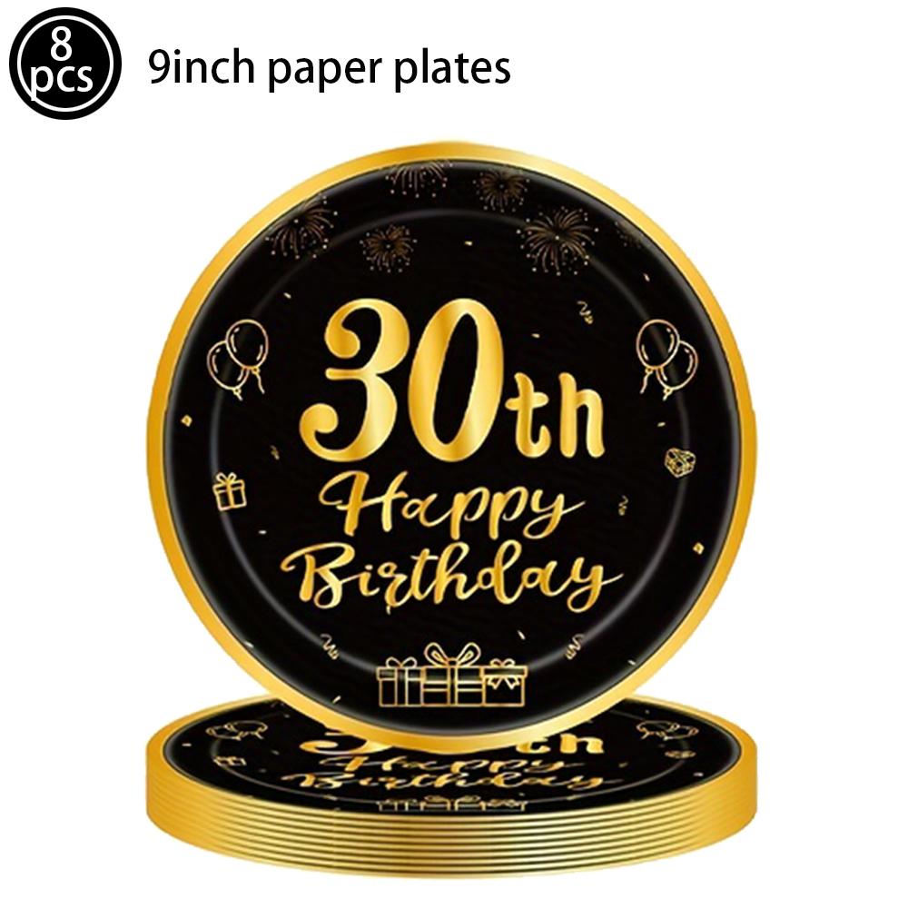 Happy Birthday 30 Year Old Disposable Tableware Black Gold Plate Tablecloth Banner For 30th Birthday Party Decorations Supplies