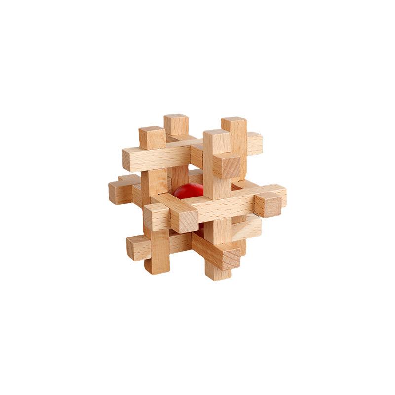 Custom Red Beech Wood Kongming Lock: Challenging Brain-Teaser Puzzle for Kids