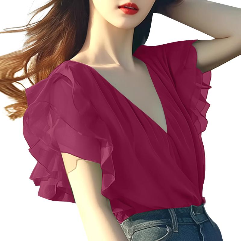 

ZANZEA Women Casual V-Neck Ruffles Short Sleeve Loose Chiffon Blouse 2XL