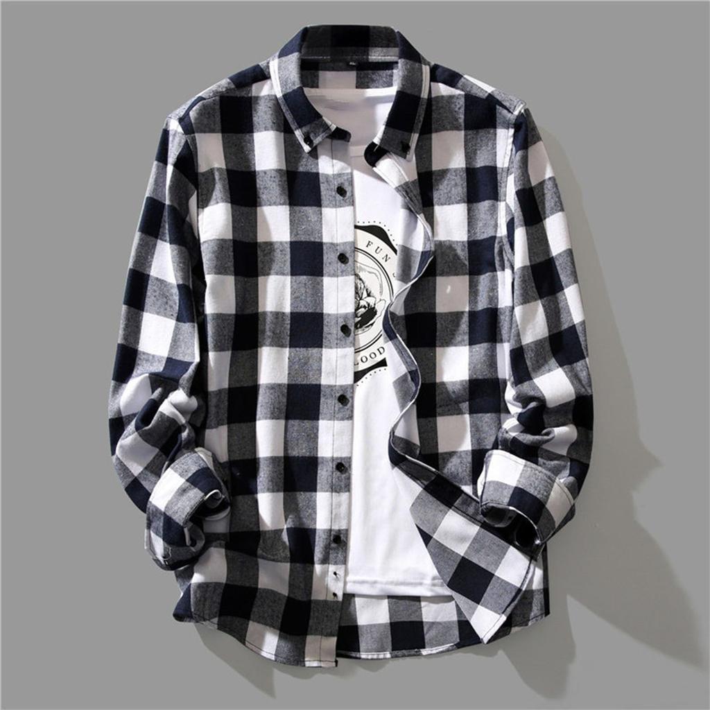 Men's Blouses Lapel Shirt Long Sleeve Plaid T-shirts  Loose Shirt With A Coat Button Down Casual Shirts Plus Size Fashion Tops