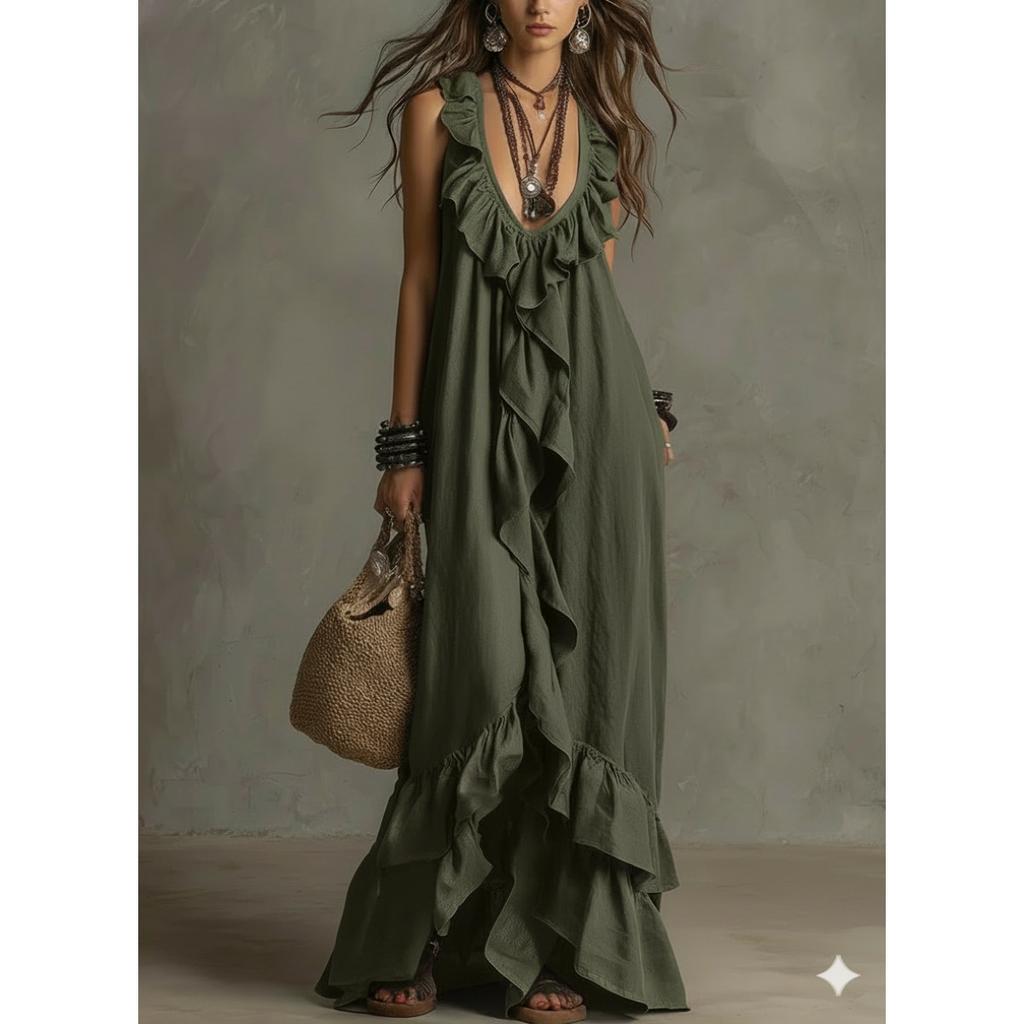 Boho Vintage V-Neck Short Sleeve Ruffle Casual Urban Dress for Women, European American Crossbody Summer Sundress