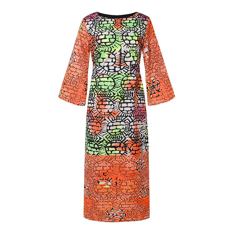 Women Plus Size Round Neck Long Sleeve Printed Loose Dresses