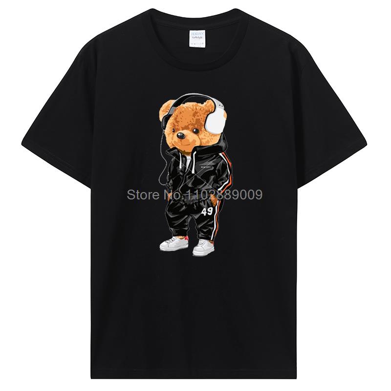 Teddy Bear Playing Badminton Tshirt Men's Clothing Tops Graphics Kawaii Shirt T Shirts For Men Cotton T-shirt Streetwear