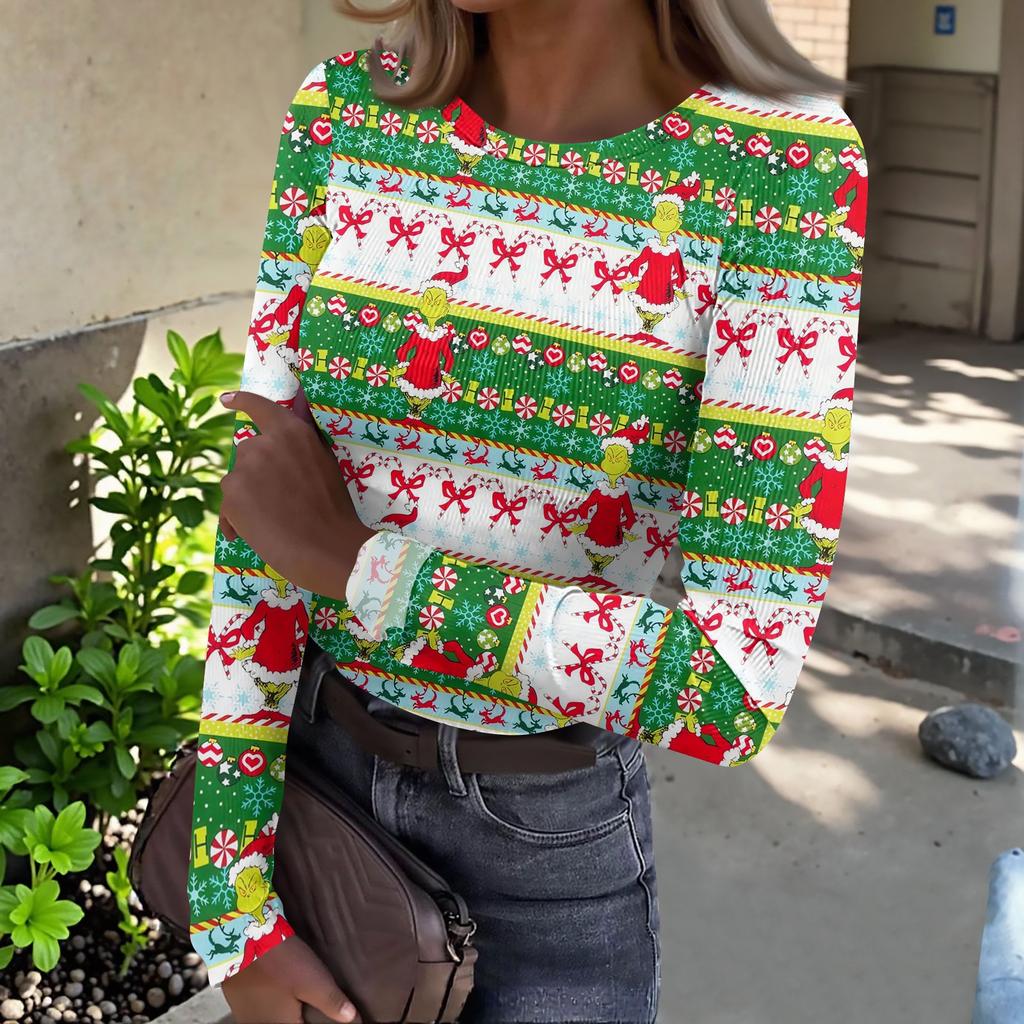 Women's Slim Fit Long Sleeve T-Shirt with Christmas Graphic Print Neck Pullover Top