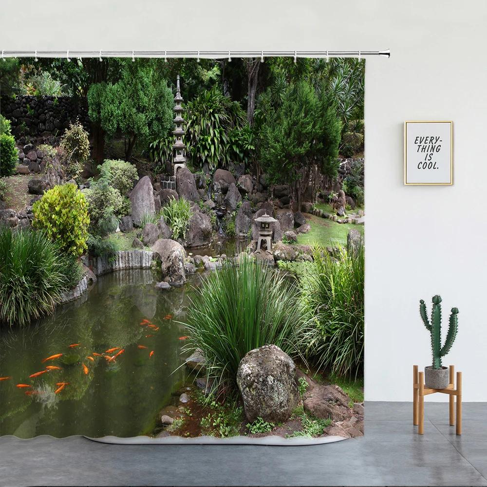 Spring Garden Landscape Shower Curtains Green Plants Flowers Creek Natural Scenery Bath Curtains Bathroom Decor With Hooks