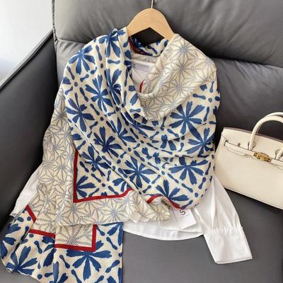 Wind New Geometric Color Matching Printed Scarf Summer Fresh Flower Cotton and Linen Feel Sunscreen Shawl