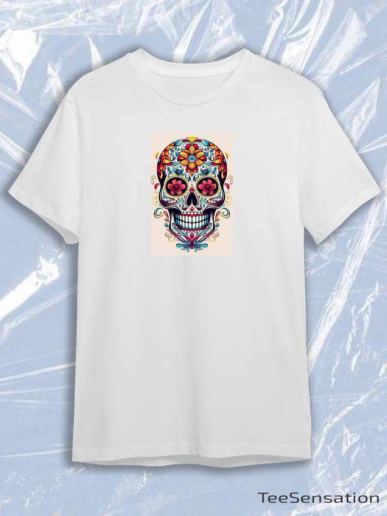 TeeSensation White Crew Neck Short Sleeve T-Shirt with Colorful Mexican Sugar Skull Calavera Print