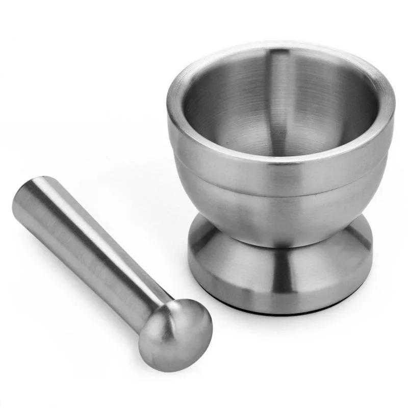 Double Mini Stainless Steel Metal Mortar Pestle Set with Pedestal Bowl Garlic Press Herb Pepper Spice Grinder for Kitchen