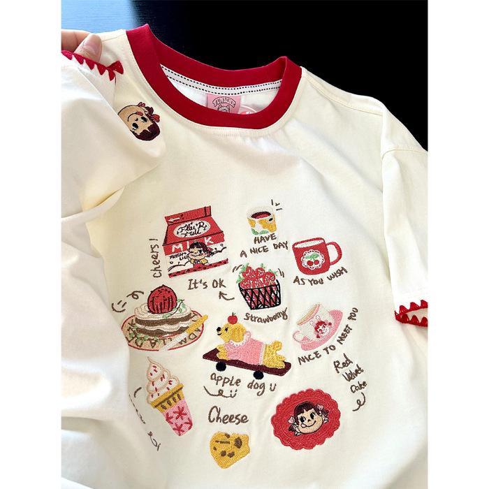 

Летняя хлопковая футболка с вышивкой мультяшного кота 2025 - Короткий рукав, круглый вырез, свободный крой, повседневный приталенный стиль XX Large абрикосовый