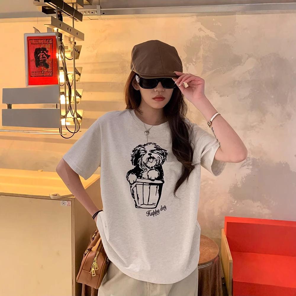 Loose shoulder cotton short-sleeved t-shirt women's summer new American printed puppy pattern top