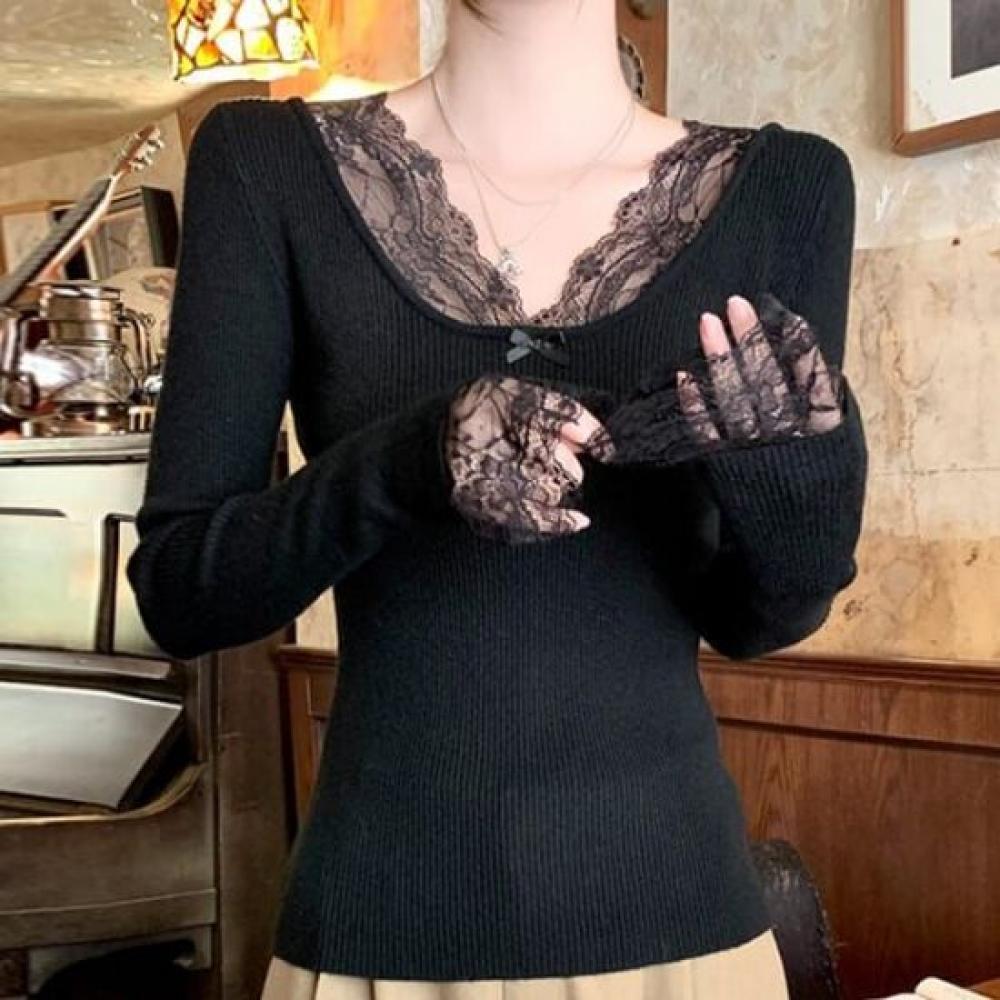 Navava Women Lace PoinT Rib Long Sleeve T shirT nT2913