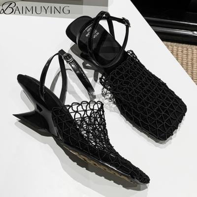 Módní pletené síťované dámské sandály na podpatku Duté boty na vysokém podpatku Dámské čtvercový špička Slingback 2025 Letní trend Plážové lodičky Sandalias Mujer