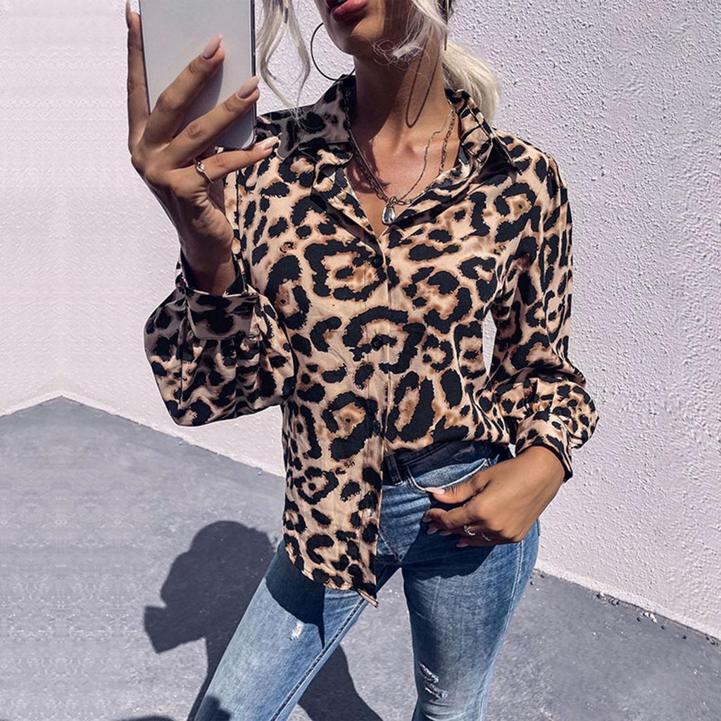 Ladies Vintage Tops Loose Long Sleeves Lapel Leopard Shirts Women's Fashion Shirts, Casual Long Sleeves Button Up Shirts Tops